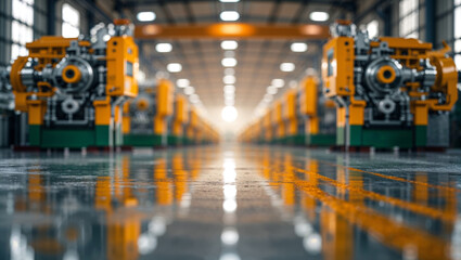 Fototapeta premium An industrial factory floor with lines of heavy machinery, reflecting light on the floor.