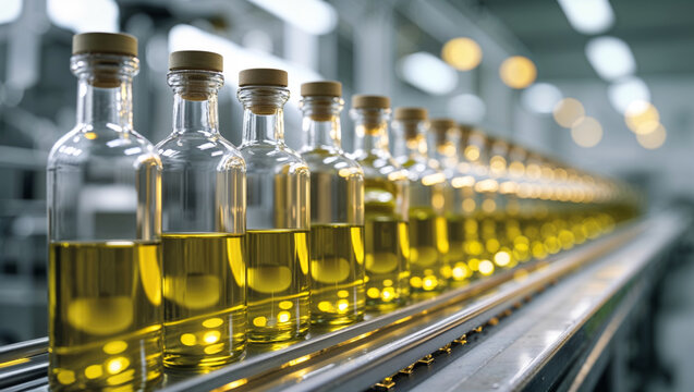 Bottles of golden olive oil move along a production line, ready for packaging and sale.