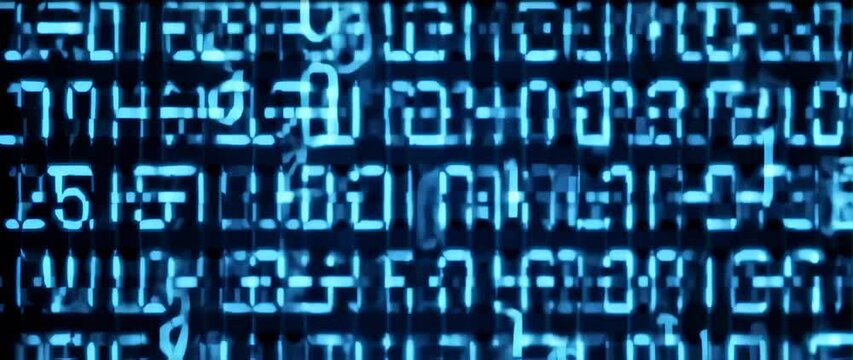 Anamorphic video Strings fall from top to bottom in data matrix created in cyberspace with blue glow