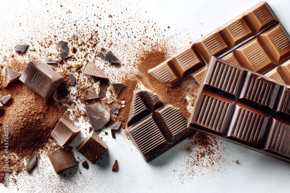 Aufkleber Delicious Flatlay of a Broken Chocolate Bar and Cocoa Powder on a Bright White Background Creating a Tempting Dessert Arrangement