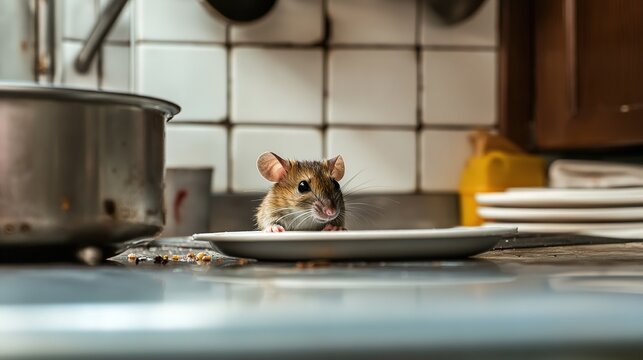 Close-Up of a Mouse in a Commercial Kitchen, Chef Preparing Service Amidst Dirty Conditions, Highlighting Lack of Hygiene and Unsanitary Practices