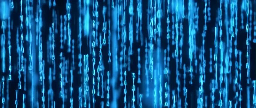 Anamorphic video Strings fall from top to bottom in data matrix created in cyberspace with blue glow