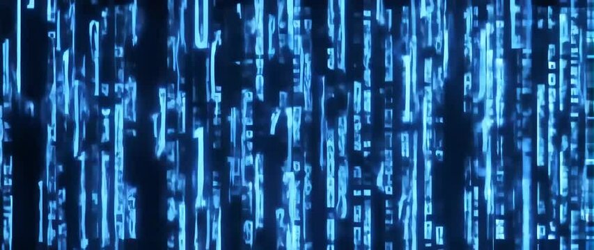 Anamorphic video Strings fall from top to bottom in data matrix created in cyberspace with blue glow
