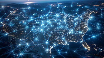 A map of the United States with interconnected dots and lines representing global network connections, showcasing an advanced fiber optic system connecting various cities across America