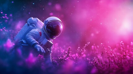Astronaut discovering alien planet with colorful flora, cinematic digital painting.