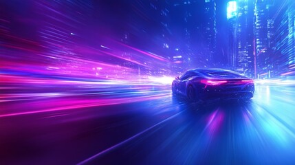Fototapeta premium Cyberpunk city at night with neon lights and flying cars, futuristic skyline.