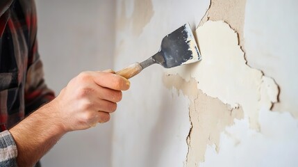  Man Repairing a Crack in a White Wall with a Spatula, Demonstrating Home Improvement and Maintenance Skills