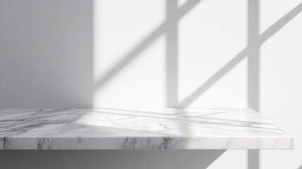 Obraz premium Marble Table Top with Abstract Shadow Drop on White Wall Background for Mockup Product Display, Elegant Design and Modern Aesthetics