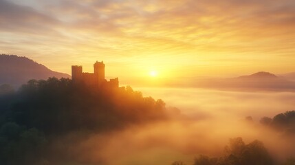 Medieval fantasy castle at sunrise, misty valley below.