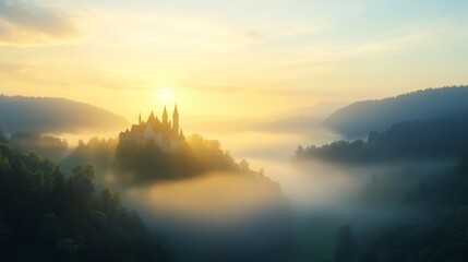 Obraz premium Medieval fantasy castle at sunrise, misty valley below.
