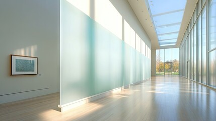 Bright sunlit hallway with clear glass partition separating rooms
