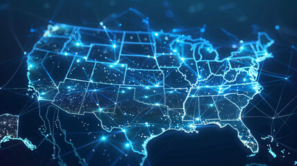 United States Map with Interconnected Nodes Illustrating a Nationwide Fiber Optic Network