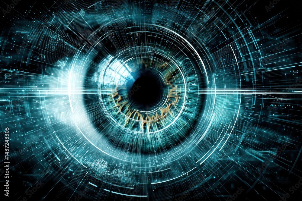 Poster futuristic cybernetic eye scanning a digital horizon filled with data streams and neon circuits
