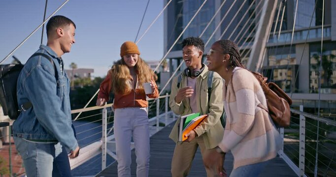 Happy students, dancing or handshake with friends in city for future achievement, bonding or winning at university. Young people, classmates or group jumping for celebration or good grades at college