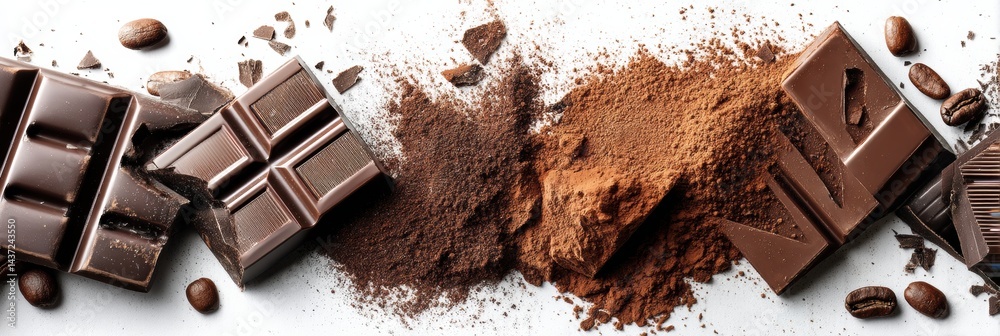 Poster broken chocolate bar and cocoa powder on bright white surface creating a rich, indulgent display