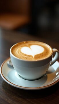 Close up of delicious cappuccino with frothy milk in ceramic cup on table, hot beverage, foam, top view