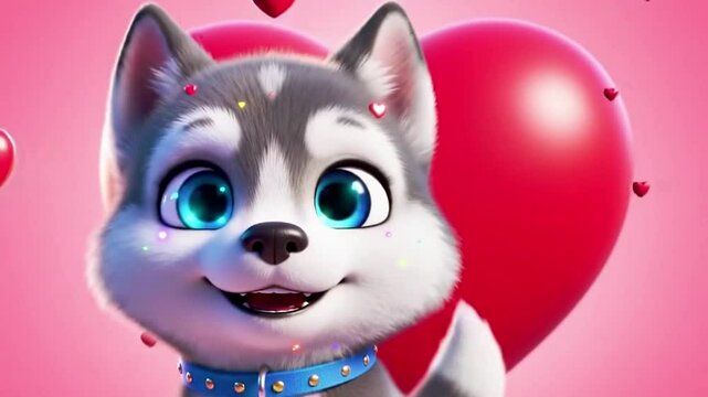 Animated Husky with Glowing Eyes and Floating Heart Particles in Pink