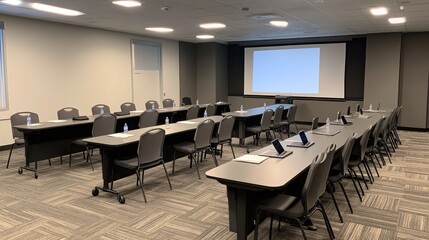 Empty boardroom set up with laptop and projector for practice run