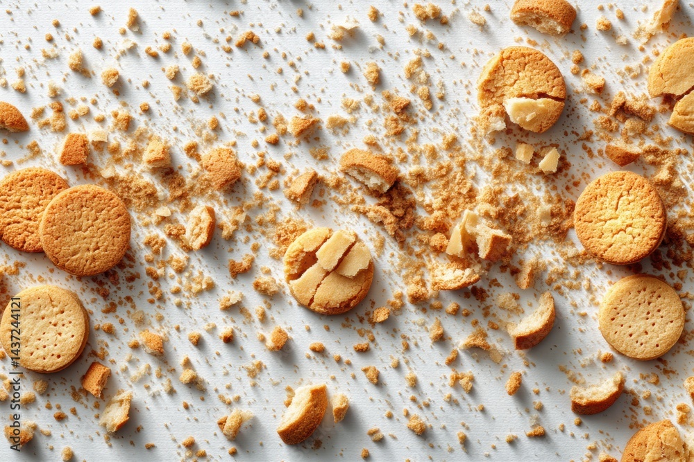 Poster broken cookies scattered on a white surface create a pleasing flatlay design with crumbs and pieces 