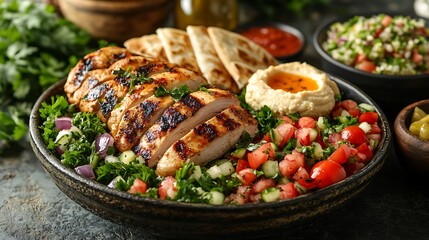 **Tender Chicken Shawarma Served With Warm Pita, Hummus, Tabbouleh, And Pickles, Vibrant Colors And Textures For Mediterranean Restaurant Menu Or Ad --Ar 16:9 --S 240** - @Darya (Relaxed)