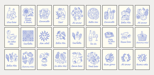 La dolce vita doodles placard or poster big set. Vector illustration of italian style hand drawn posters. Wall art prints decor. Illustration for invitations, menus design.