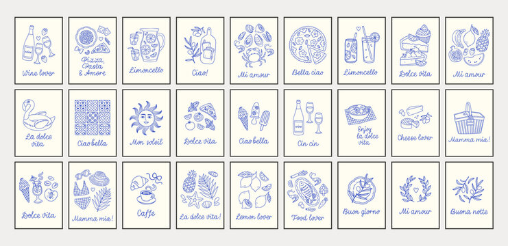 Naklejki La dolce vita doodles placard or poster big set. Vector illustration of italian style hand drawn posters. Wall art prints decor. Illustration for invitations, menus design.