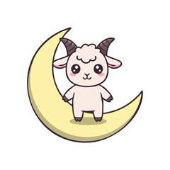 Cartoon goat sitting on the crescent moon celebrating Eid al Adha
