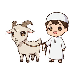 Cartoon Muslim boy holding a goat rope celebrating Eid al Adha