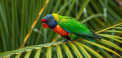 Rainbow lorikeet perched on palm frond, vibrant plumage against green leaves, leaves, tropical