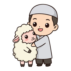 Obraz premium Cartoon muslim boy hugging sheep celebrating Eid al Adha