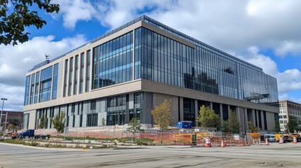 Obraz premium Safety glass panel installed on a tall office building facade under the sky
