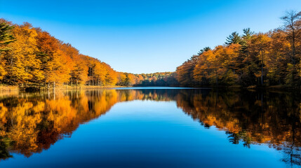 Serene Autumn Lake Reflection with Vibrant Foliage Under a Clear Sky