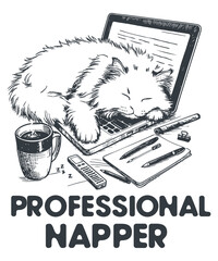 Professional Napper Cat T-Shirt Design vector, cat, napping, sleeping, nap, professional napper, funny, cute, animal, laptop, work from home, tired, cartoon, vector, t-shirt design, apparel, graphic
