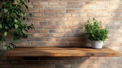 Wooden shelf with plants against brick wall.