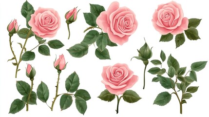 Naklejka premium Set of Beautiful Pink Roses with Lush Green Leaves, Cut Out for Creative Design Use