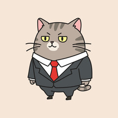 Cute cartoon cat wearing a business suit and red tie, standing confidently. Funny vector illustration for office, corporate, and animal themes.