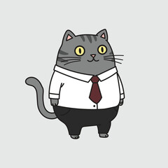 Cute cartoon gray cat in office attire with white shirt and red tie. Funny and adorable character for business, animal, and office-themed designs.
