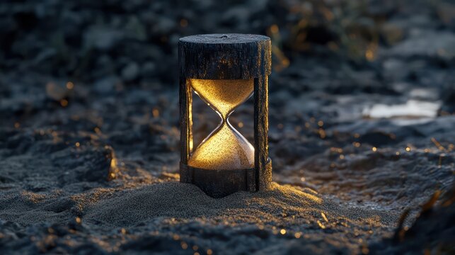 A close-up of a sand-timer placed on the shore delicate grains of sand flowing through stunning contrast cinematic focus realism
