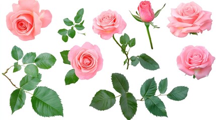 Fototapeta premium Set of Beautiful Pink Roses with Lush Green Leaves, Cut Out for Creative Design Use