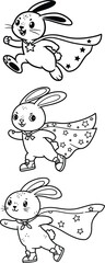 Illustration of bunny line art, wearing a super hero cape