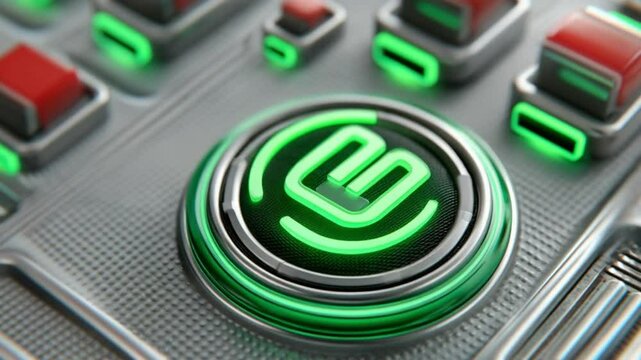 Futuristic Interface Button: A glowing green button with a stylized "W" icon stands out on a futuristic interface, radiating innovation and technology.