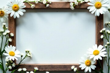 Rustic wooden frame covered in delicate white daisies and baby's breath, white, border, frame © nuntalee