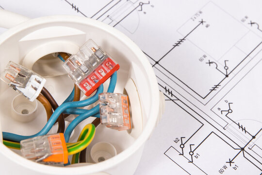 Electrical box with wires connections and diagrams of electric installation. Planning build house