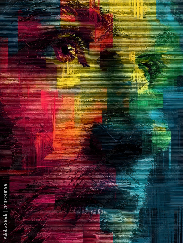 Poster fragmented face of ai with vibrant colors creating a glitch-art inspired aesthetic