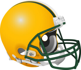 Yellow American Football helmet with white and green stripe and green facemask