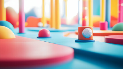 Stylized miniature golf course with vibrant colors and minimalist design, a playful panorama