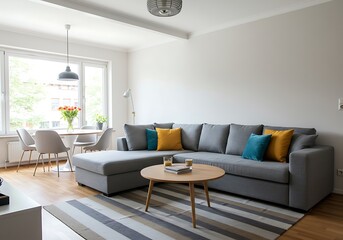 Fototapeta premium A bright living room featuring a gray sectional sofa with colorful pillows and a round wooden coffee table
