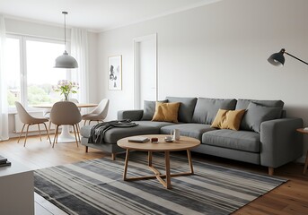 A bright living room featuring a gray sectional sofa and a round wooden coffee table on a striped rug