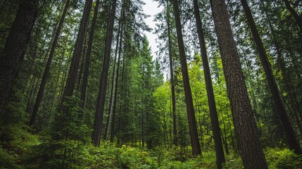 Obraz premium Towering Evergreens and the Scent of Pine Needles in a Serene Backdrop. Majestic Forest Scene with Rich Green Foliage and Calm Atmosphere.