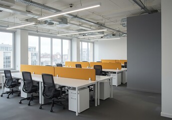 A bright office space with multiple desks and chairs in a modern building with large windows view outside
